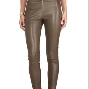 Alice and Olivia Front Zip 100% Leather Pants Leggings Taupe Olive Lambskin